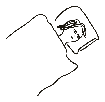 Line illustration of a person lying in bed peeking out from under the covers