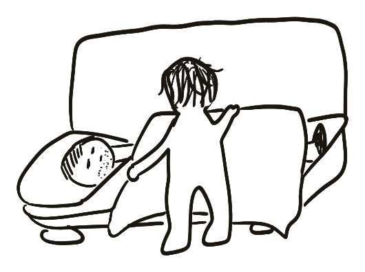 Line illustration of a figure tucking a blanket around someone resting on a couch