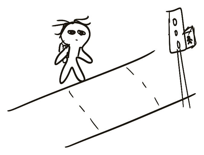 Line illustration of a person standing at a street crossing beside a pedestrian signal