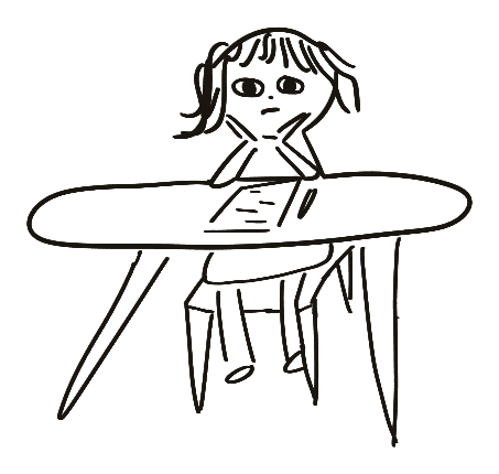 Line illustration of a person sitting at a desk, chin resting on hands, writing