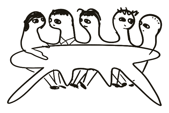 Line illustration of five people sitting closely around a table